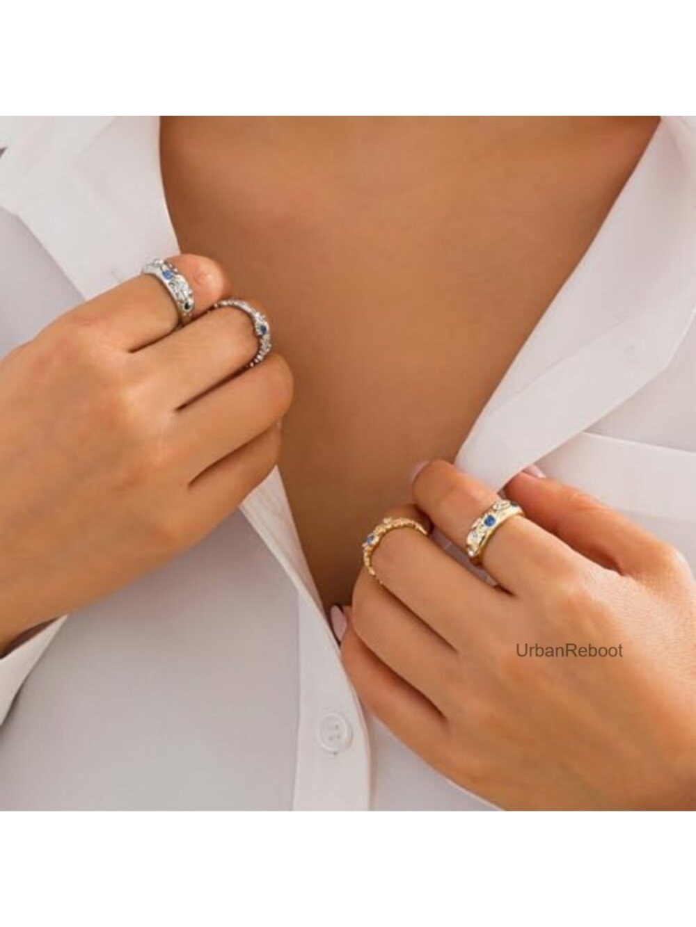 Chunky Stackable Hammered Open Ring Set Adjustable Statement Rings - Picture 6 of 6